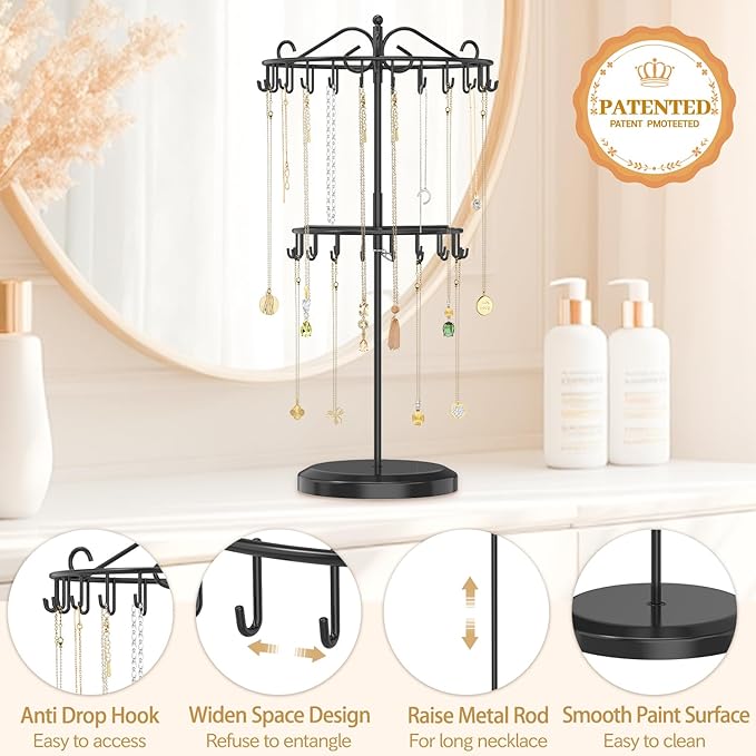 MODOWEY Rotating Necklace Holder Organizer Display Stand with 42 Hooks, 2 Tier Adjustable Metal Tree for Long Necklace Hanger Selling, Tall Spinning Bracelet Storage Rack for Men Women, Black