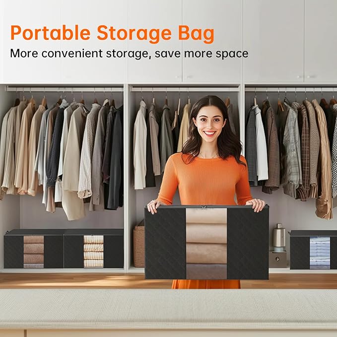6 Pack Clothes Storage Bags - 90L Blanket Organizers and Storage for Closet Large Storage Bins with Lids and Zipper Storage Containers for King Comforter, Pillow and Sweater (Black, 6 Pack)