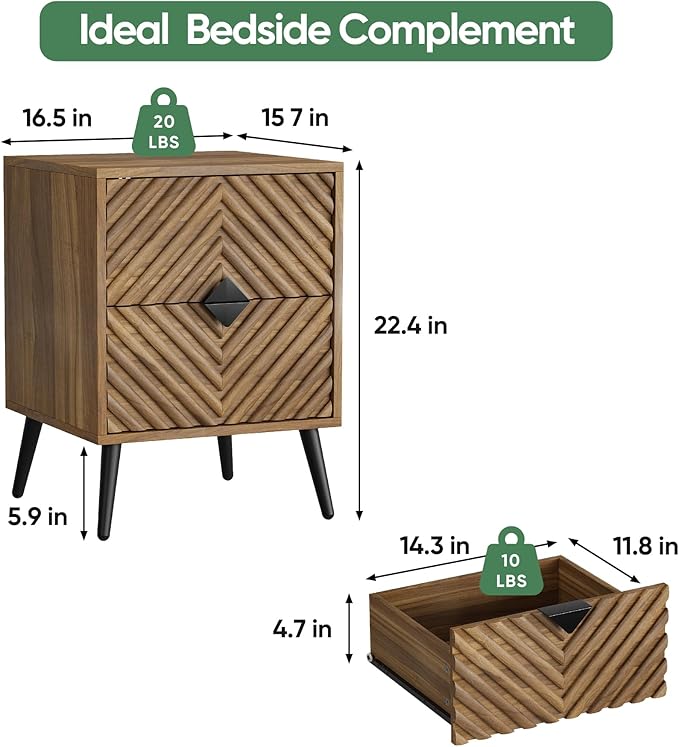 Nightstands, Walnut Night Stand with Diamond-Patterned Drawer Decor, Mid Century Modern Nightstand, Bedside Table with Diamond Handle, End Tables Bedroom with Metal Legs, Night Stand for Bedroom