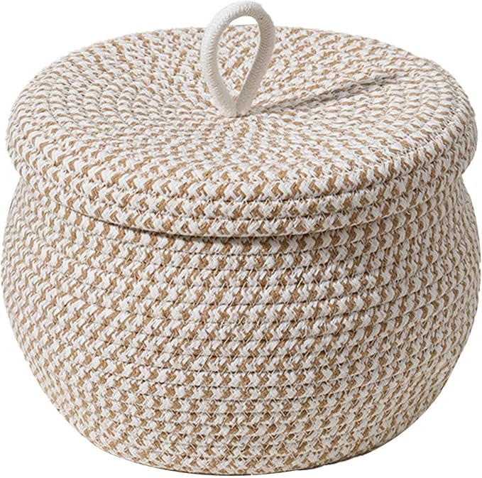Rope Basket – Straw Woven 21x21x17cm | Round Cotton Rope Storage Basket With Lid Decorative Woven Bin | Lidded Organizer For Snacks Yarns Keys Toys Home Bedroom And Daily Use
