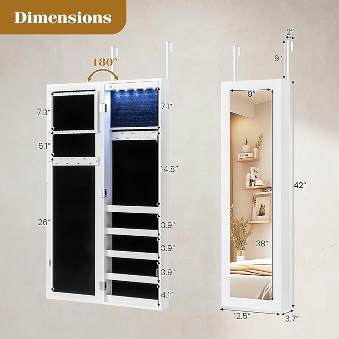 Giantex Wall or Door Mounted Jewelry Cabinet with Full Length Mirror, Over The Door Jewelry Armoire Organizer with Lights, Large Storage with Necklace Hooks, Earring Slots & Shelves (White)