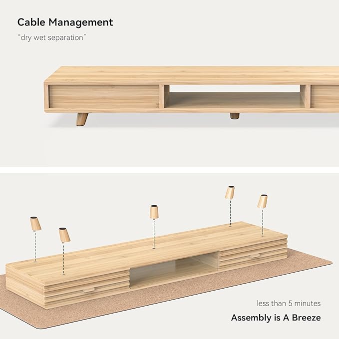 Bamboo Monitor Stand with Drawer - Desk Organizer with Cable Management & Storage, Ergonomic Laptop Riser for Home Office (220lbs Capacity, 39 inch ,Natural)