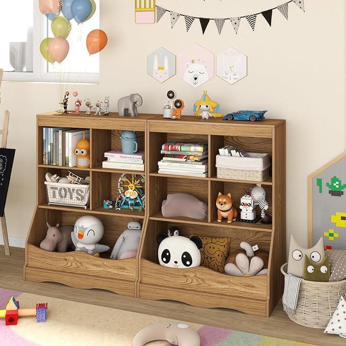 Storage Organizer, Small Bookcase w/ 4 Open Cubes & 1 Bottom Compartment, Anti-Tipping Device, Foot Pads, Low Cube Bookshelf for Bedroom, Living Room, Playroom, Study, Small Spaces (Natural)