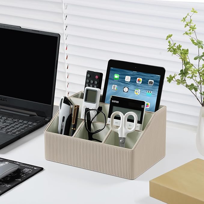 Remote Control Holder with 5 Compartments for Office Art Supplies, PU Leather Nightstand Organizer Pencil Pen Desk Caddy for Home, Desktop TV Remote Control Organizer Storage (Striped Beige)