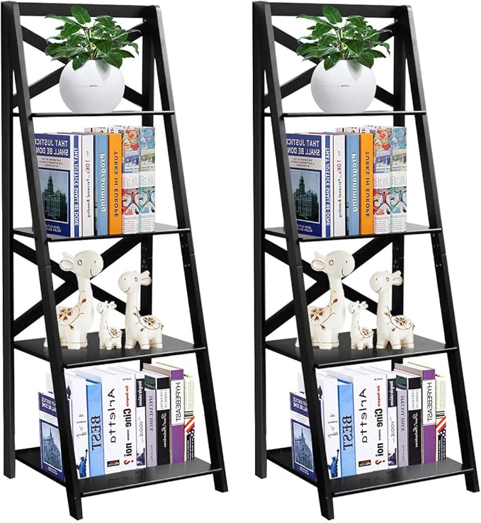 Tangkula 4-Tier Ladder Shelf Bookcase (Set of 2), Leaning Free Standing Wooden Frame Decor Bookshelf, Storage Flower Shelf, Plant Display Shelf for Home Office