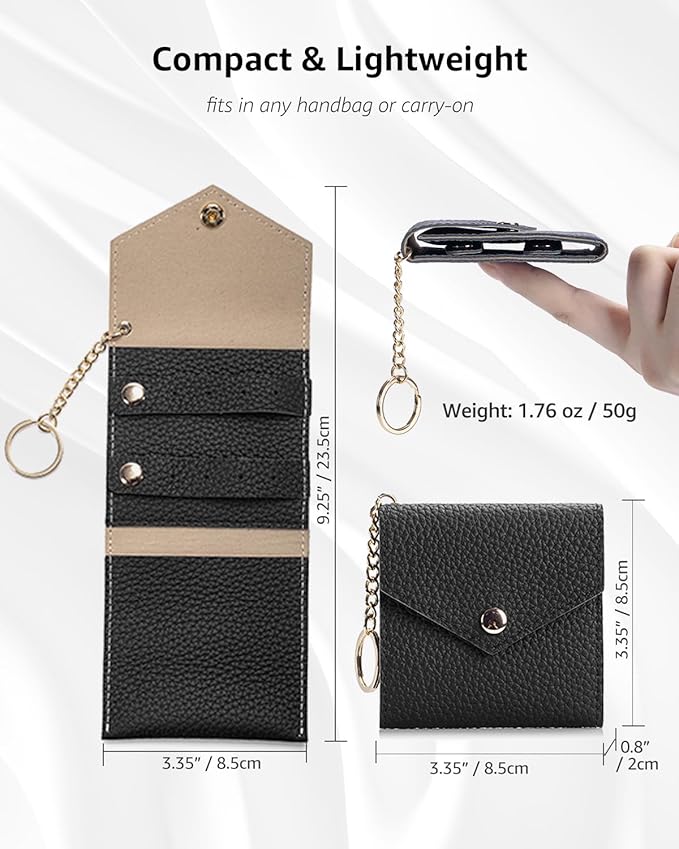 Small Travel Jewelry Organizer Case for Women, Genuine Leather Mini Jewelry Roll with Keychain, Portable Earring Ring Necklace Storage Pouch for Short Trips & Daily Use (Black)