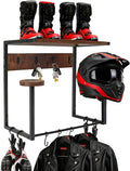 Motorcycle Helmet Wall Mount Rack, Heavy-Duty Helmet Holder with Storage Shelf for Moto Gear Accessories Organization, 2 Helmet Stands, 4 Clips, 9 Hooks for Hanging Gloves, Keys, Jackets