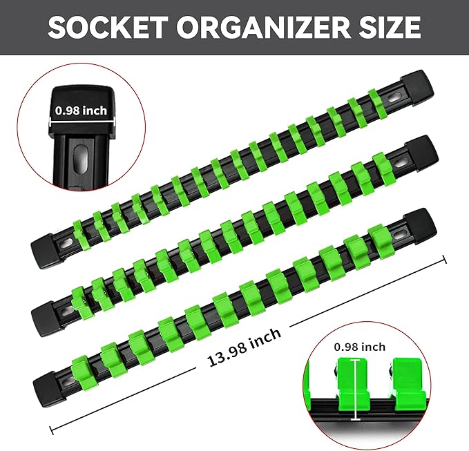 Socket Organizer Drive ABS Tools - Green Socket Holder, Premium Quality 30 Pieces Socket Holders Kit 1/4-Inch x 160 Clips, 3/8-Inch x 150 Clips, 1/2-Inch x 120 Clips（30PC,Green)
