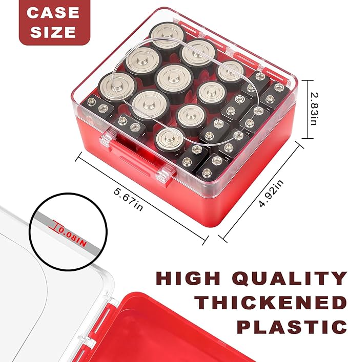 FULLCASE Battery Storage Organizer Box, Holder Container for 20 C D 9V Batteries, Plastic Home Batteries Variety Pack Protective Organization(Case Only) Red