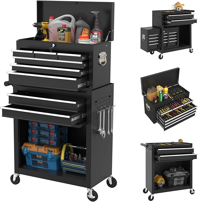 8-Drawer Heavy Duty Tool Chest with Wheels - Industrial Rolling Tool Box, Lockable Drawers & Smooth Glide System for Mechanics, Garage, Auto Repair Shop(Black)