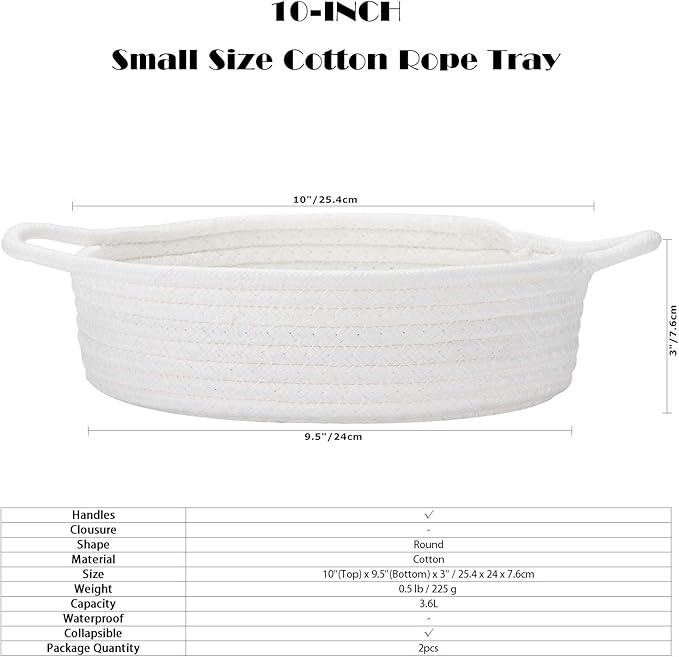 Sea Team 2-Pack Cotton Rope Baskets, 10 x 3 Inches Small Woven Storage Basket, Fabric Tray, Bowl, Round Open Dish for Fruits, Jewelry, Keys, Sewing Kits (White)