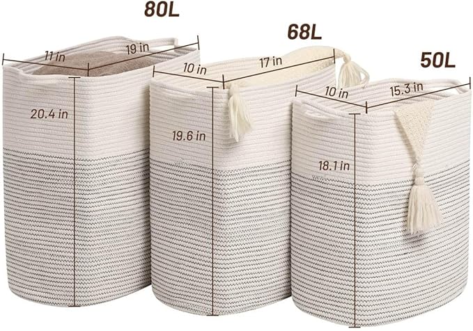 Tall Laundry Basket With Handles,Woven Cotton Rope Big Laundry Hamper Sorters,Versatile Storage for Dirty Clothes,Baby Toys,and Blankets in Bathroom, Nursery,and Living Room (White/Black Line, 80L)