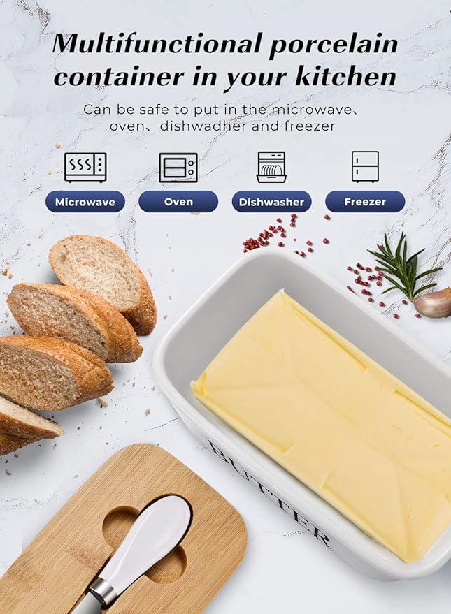 Butter Dish with Lid, Large Butter Container for Countertop, Ceramic Butter Holder for Counter, Butter Tray Butter Keeper with Knife and Sponge Scrubber, Perfect for 2 Sticks of Butter, White