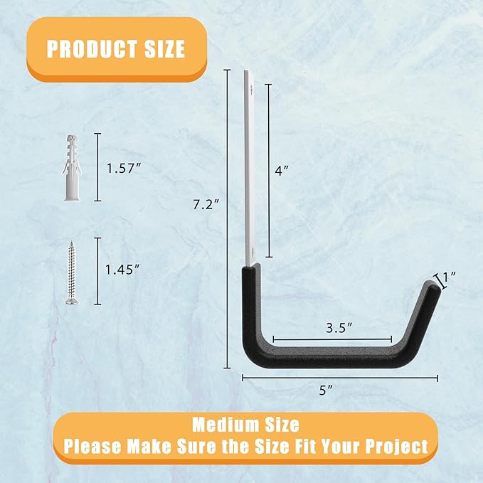 Heavy Duty Utility Hooks for Wall Mount, Garage Wall Hooks, Multi-Use Hose, Bike, Ladder, Chainsaw & Leaf Blower Hanger - 2 Medium (2 M)