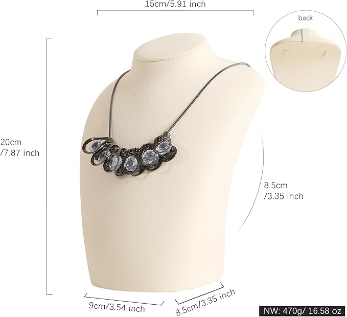 GemeShou Beige necklace hanger jewelry organizer, Velvet jewelry stand necklace holder, jewelry mannequin bust for necklaces, Jewelry boutique store photography props【Beige-Medium height 7.87 inch】