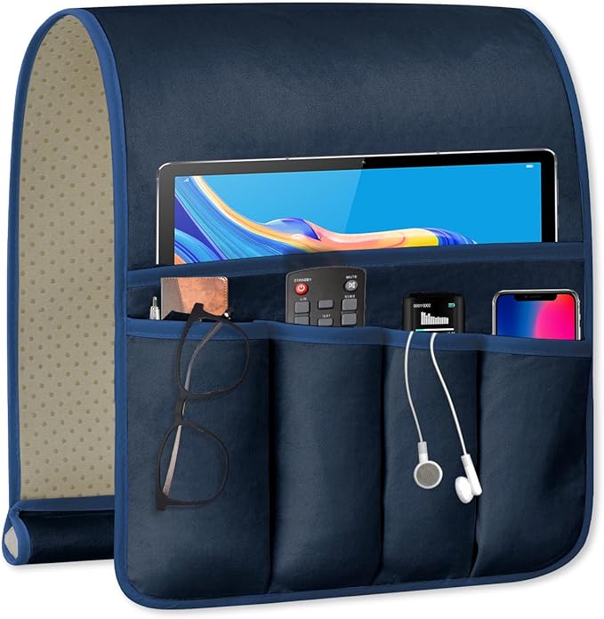 TV Remote Control Holder Couch Caddy, Non-slip Bedside Caddy Organizer with 5 Pockets for Key Glasses Phone Magazine Holders