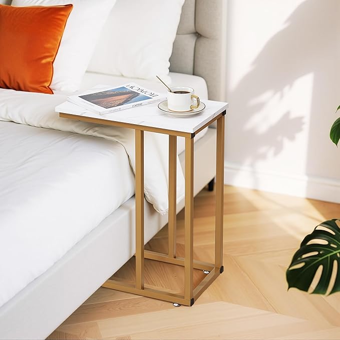 VECELO C Shaped End Side Table for Sofa Couch and Bed Snack TV Tray for Living Room Bedroom, 2 PCS, Gold