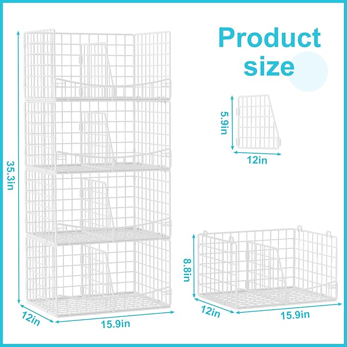 4-Tier Stackable Closet Organizers and Storage Basket with Divider, Foldable Closet Shelf Organizer Systems for Clothing Sweaters, Wardrobe Cupboard, White