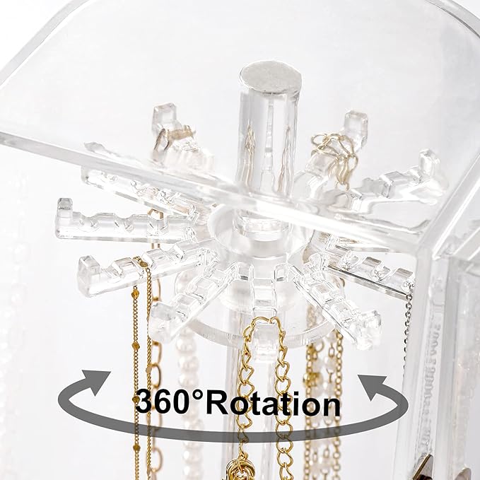 Acrylic Necklace Holder, Clear Necklace Organizer with 24 Hooks, Dustproof Rotation Jewelry Storage Holder Stand, Long Necklaces Pendant Bracelets Display Case for Dresser Bathroom Vanity Countertop