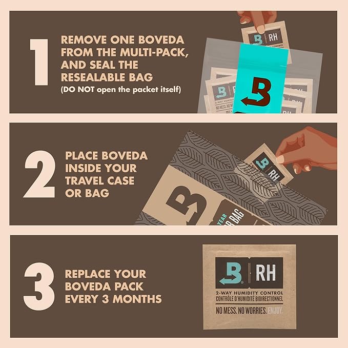 Boveda 69% Two-Way Humidity Control Packs For Storing Up to 5 Items – Size 8 – 10 Pack – For Small Plastic Travel Cases & Bags – Moisture Absorbers – Humidifier Packs in Resealable Bag