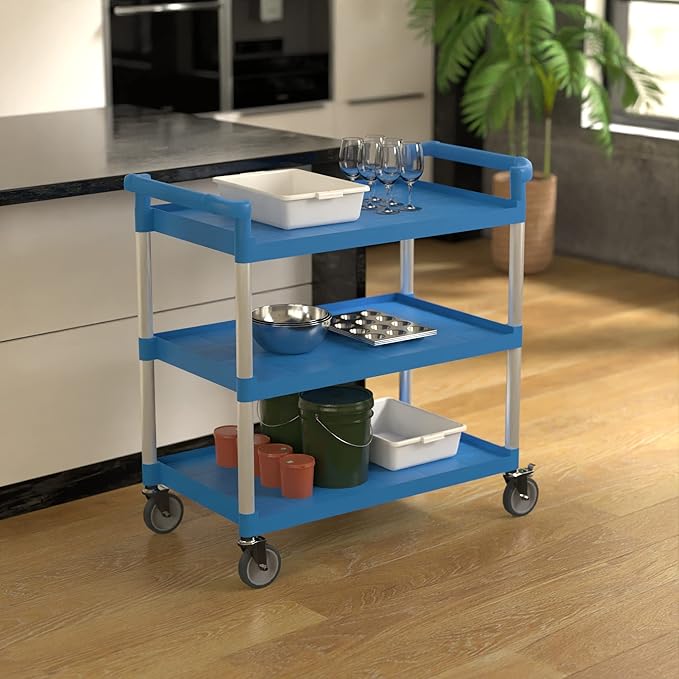 Blue Utility/Bussing Cart with Three Shelves - 42" x 20"