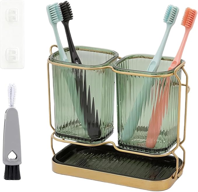 2-Pack Green Toothbrush Holders, Wall Mounted or Countertop Toothbrush Holders with Drain Tray, All-in-One Bathroom Organizers and Storage for Toothpaste, Razors, Family & Kids (Green)