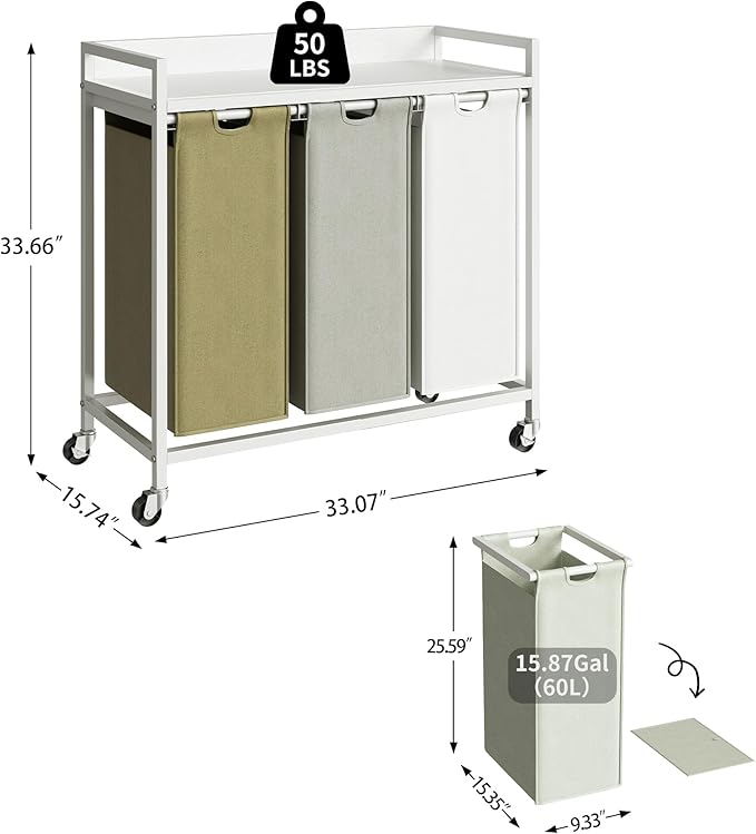 Laundry Hampers with Shelf, Laundry Basket 3 Section, Laundry Sorter with Pull-Out Removable Large 3 Color Bags and Movable Wheels, Metal Frame, 3 x 15.87 Gallons (60L), White PF04XLE