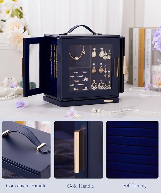 Homde Christmas Gifts Jewelry Box 360° Rotating, Necklace Earring Organizer with Transparent Window, Mirror, 7 Drawers, Large Ring Display Storage Case for Girls Women (Dark Blue)