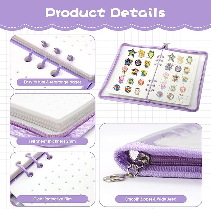 Enamel Pin Display Book - Portable 6 Pages A5 Enamel Pin Collection Holder Trading Book for Storing Pins Brooches Patches, Pin Storage Organizer for Travel Collectors (Purple)