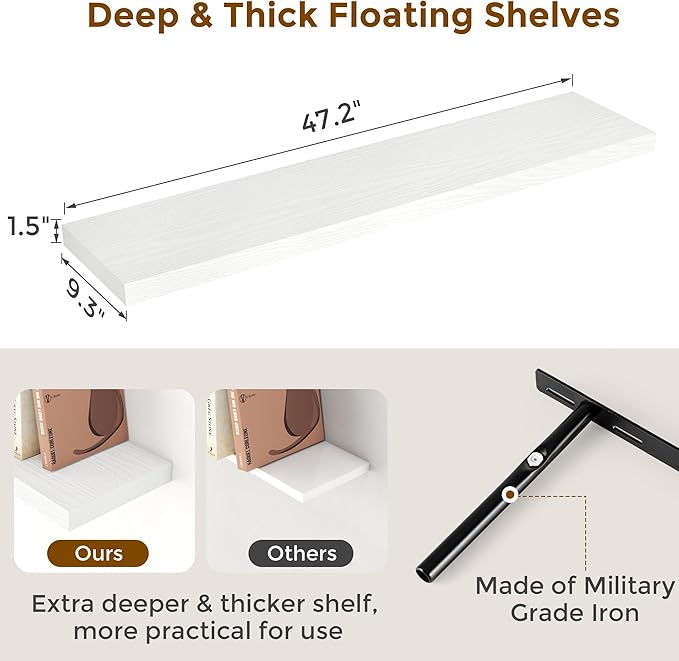 Fun Memories White Floating Shelves 48 Inch Long, Wood Wall Shelves 48x9.3x1.5, 9.3 Inch Deep Floating Shelf for Wall, Large White Shelves for Home Decor & Storage, Set of 2