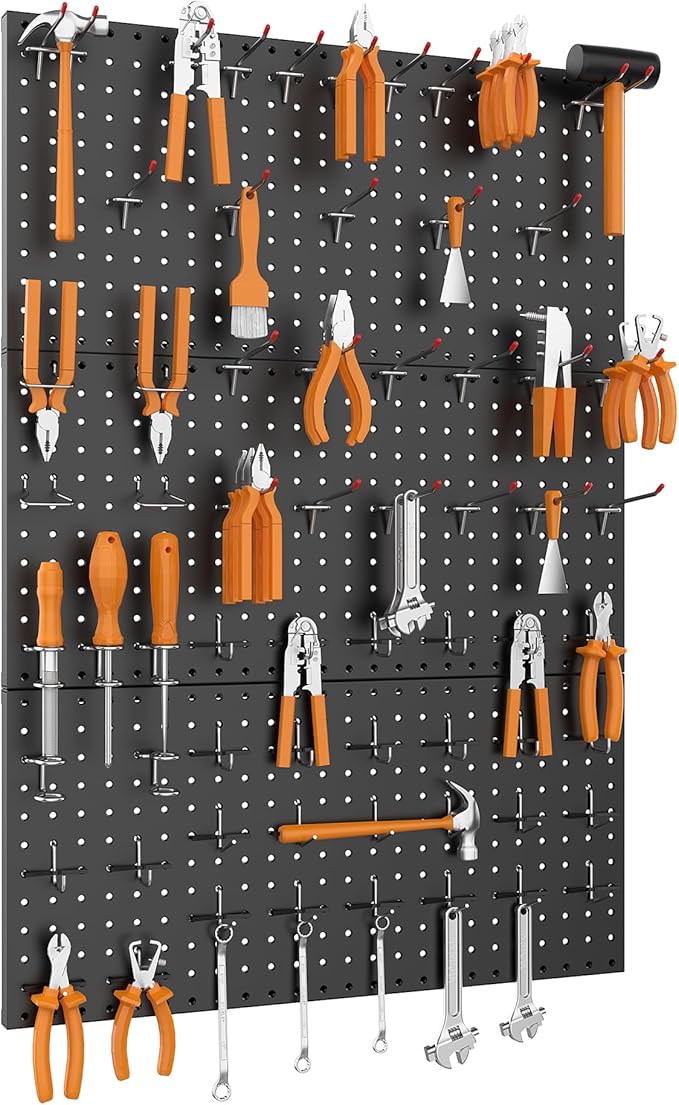 WALMANN Metal Pegboard Panels for Wall Garage Tools Storage Pegboard for Garage, Workbench, Modular Peg Board Tool Organizer Board (Black 12"*24", Pack of 3)