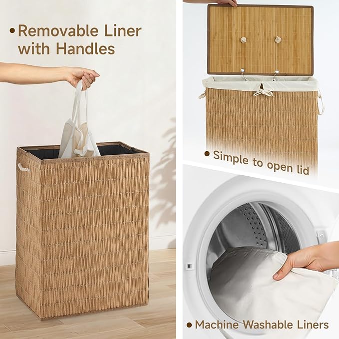 Laundry Hamper with Lid, 52.8 Gallon(200L) Large Laundry Basket 2 Removable Liner Bags, Synthetic Rattan Clothes Hamper with Side Pocket, laundry organization for bathroom, laundry room, Natural