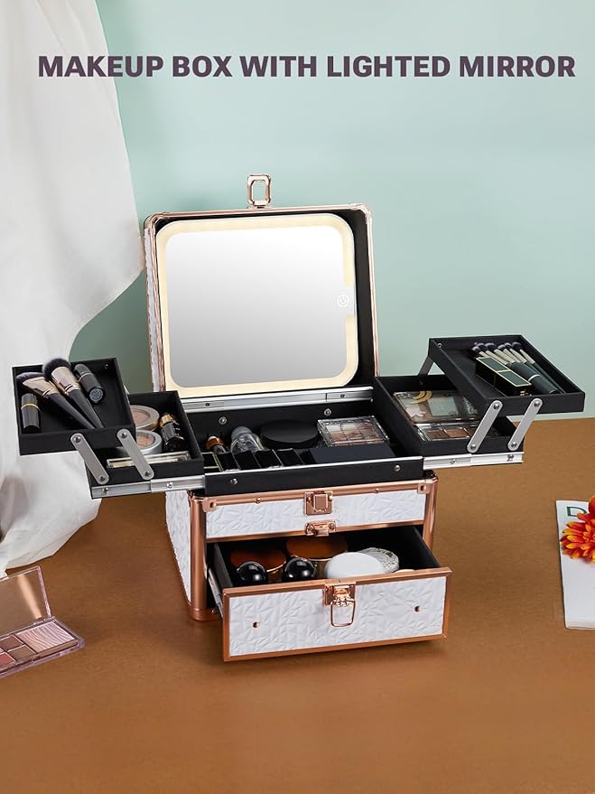 Qislee Makeup Box with Drawer and Four Trays, A Detachable Lighted Mirror, Waterproof Travel Train Case, Cosmetic Organizer and Makeup Suitcase with Magnetic LED Mirror(Bright White)