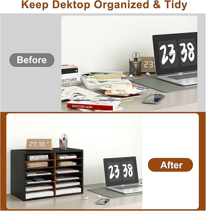 Literature Organizer 12 Slots Wooden Mailboxes for Classroom Office Mail Organizer Countertop Vertical File Sorter with Adjustable Shelves Heavy Duty Office Mailbox Cubbies, Black/Rustic Brown