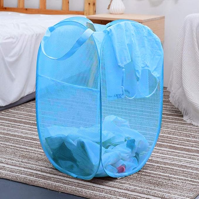 Larpur Pop up Laundry Hamper, Collapsible Laundry Basket, Portable Mesh Clothes Hamper for Kids Room, College Dorm, Bathroom, Foldable Hamper with Carry Handles, Sky Blue
