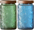ANSQU Vintage Glass Storage Jar with Lid - 34 oz Mason Jar for Kitchen & Bathroom - Containers for Coffee, Tea, Cookies, Candy, Nuts, Pet Food, Bath Salts - Decorative Pantry Organizer (Blue & Green)