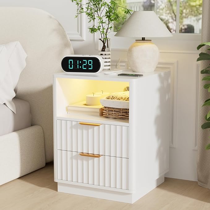 VOWNER Fluted Nightstand with Charging Station, 18” RGB Night Stand with 2 Drawers, End Table with Storage Shelf, Curved Profile Design Side Table, Bedside Table for Bedroom Living Room, White