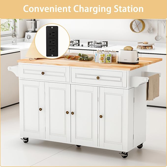 59’’ Rolling Kitchen Island Cart with Drop Leaf and Power Outlet, Movable Kitchen Islands with 3-Tier Door Storage Shelf, Island Table on Wheels, 2 Large Drawers, Towel Racks, White