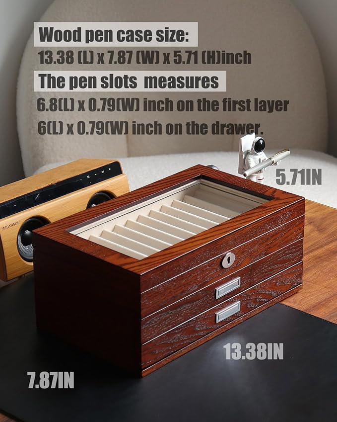 wood pen display case 36 slot Fountain pen Box storage Organizer with drawer, Top Glass Window Pen Collection Display Case