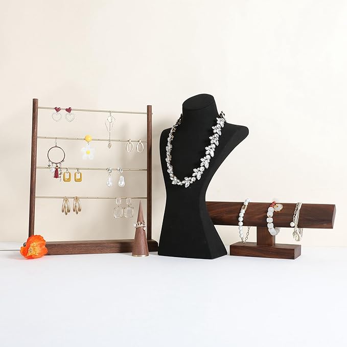 GemeShou Black necklace storage hanger stand jewelry organizer, Velvet jewelry stand necklace holder, jewelry mannequin bust for necklaces, jewelry bust display stands【Black-Large height 12 inch】
