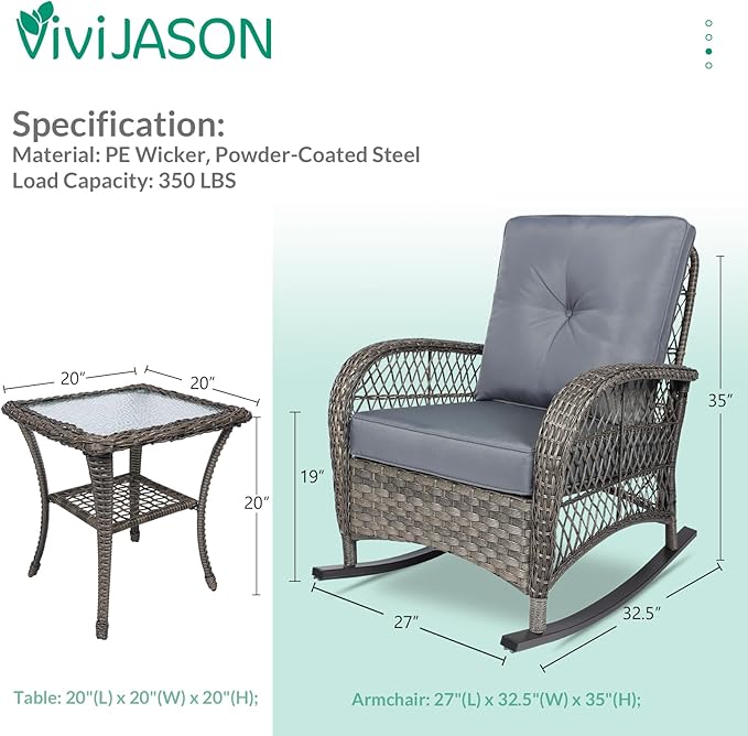 VIVIJASON 3-Piece Outdoor Conversation Bistro Set, Patio Wicker Rocking Chairs Rattan Furniture Sets w/ 2 Rattan Chairs, Cushions, Glass Top Side Table for Garden Porch Backyard (Grey)
