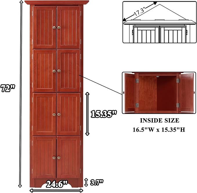 72" H Farmhouse Corner Storage Cabinet with 8 Doors & 4 Shelves, 4 Tier Kitchen Corner Pantry Cabinet Wooden Organizer Case Bookshelf, Home Space Saver Cabinet for Kitchen,Living Room(Cherry)