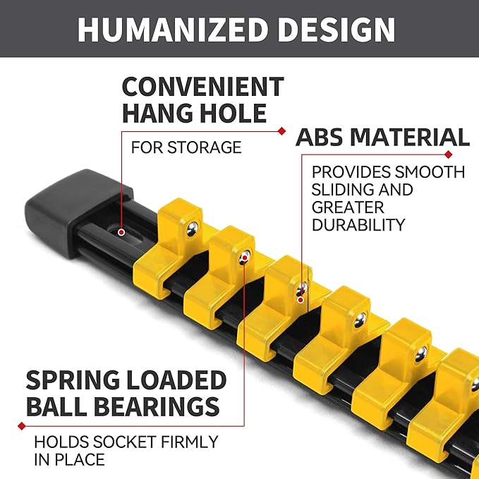 Socket Organizer Drive ABS Tools - Yellow Socket Holder, Premium Quality 9 Pieces Socket Holders Kit 1/4-Inch x 48 Clips, 3/8-Inch x 45 Clips, 1/2-Inch x 36 Clips（9PC,Yellow)