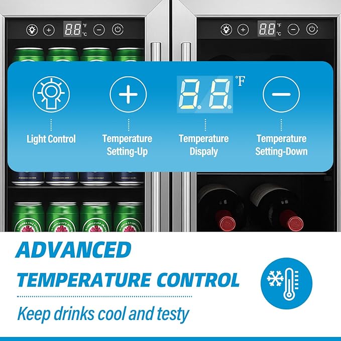 5.4 Cubic Feet/176 Can Fridge, 24 inch Freestanding Beverage Refrigerator Dual Zone with Glass Front Door for Soda, Beer Under Counter Drink Refrigerator with Adjustable Shelves(Silver)