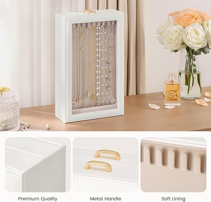 Lolalet Necklace Organizer Box, 2-Layer Jewelry Storage Boxes with Clear Lid for Necklaces, Tangle-Free Necklace Display Case for Women Girls -White