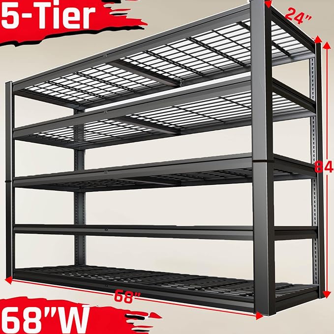 68" Wide Heavy Duty Garage Shelving Units, 5-Tier Deep Storage Shelves,Black Metal Garage Shelves,Steel Shelf,Large Storage Rack,Industrial Shelving for Shop, 68" W x 24" D x 84" H,2 Pack
