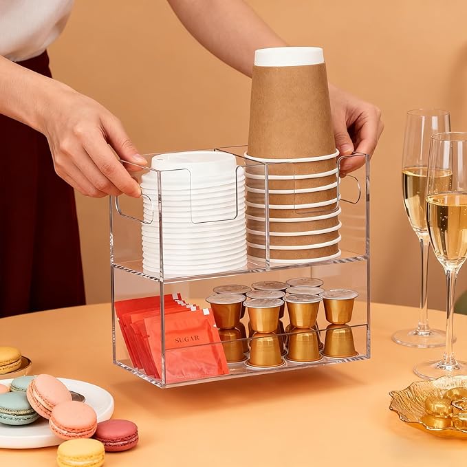 MYITYARD Coffee Cup Holder for Countertop, 2-Tier Clear Acrylic Cup Dispenser, Coffee Bar Accessories Organizer, Paper Cup and Lid Holder with Straw Organizer for Office, Home (3 Compartment)
