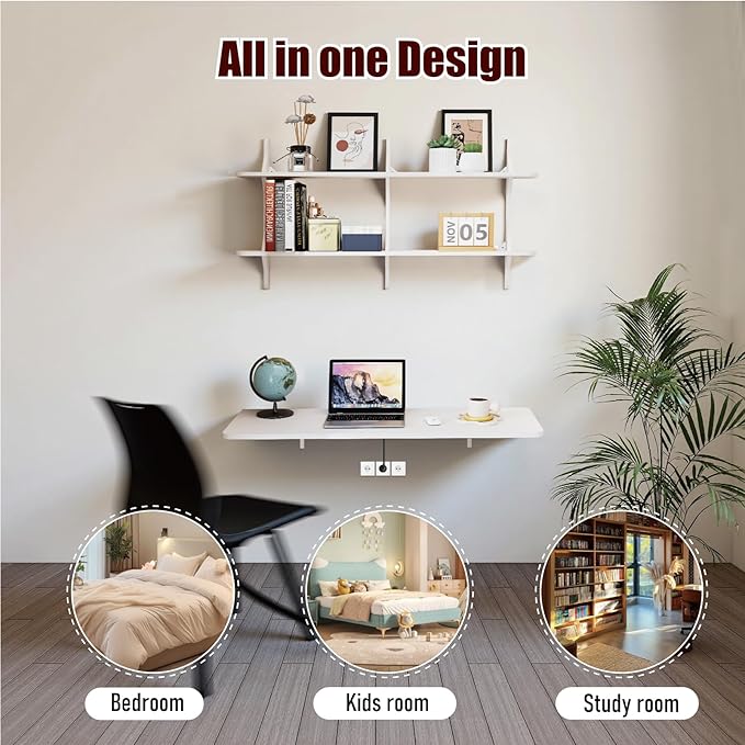 Pmnianhua Wall Mounted Folding Table, 47'' Floating Laptop Desk with Shelves, Foldable Drop Leaf Table, Wall Mount Fold Down Table for Laundry Room Kitchen Bar Home Office Small Space(White)