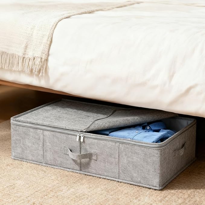 2PCS Under Bed Storage Bags with Lid, 10cm Low Underbed Storage Box, Foldable Fabric Clothes Organizer with Handle and Zip, Multipurpose Large Capacity Bedroom Organizer Box for Bedding Duvets