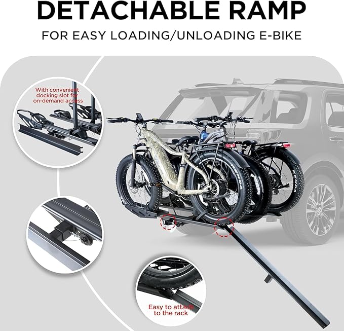 RokRack T One Foldable 3-Ebike Rack with Ramp, 250 lbs Capacity, Hitch Mount Electric Bike Rack, Fits up to 5" Fat Tire Width and 50" Wheelbase, Ebike Carrier Rack for 2" Receiver for Cars SUVs Vans